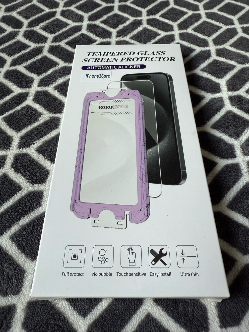 Tempered Glass Screen Protector for iPhone16pro - Purple Alignment Frame
